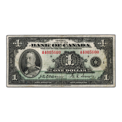$1 1935 Bank of Canada Note English Text Letter 'A' BC-1 - Fine+ (minor pinholes)