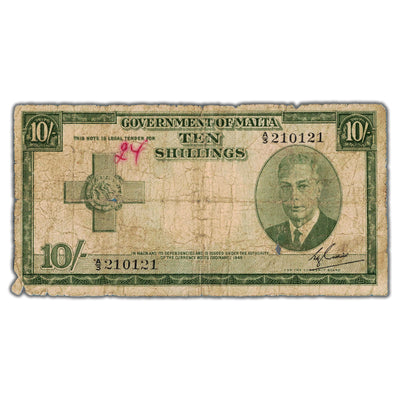 Malta ND (1949) 10 Ten Shillings Note P #21 - Several Issues