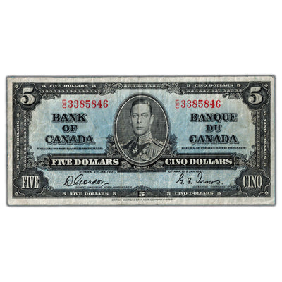 $5 1937 Bank of Canada Note Gordon-Towers E/C Prefix BC-23b - F/VF