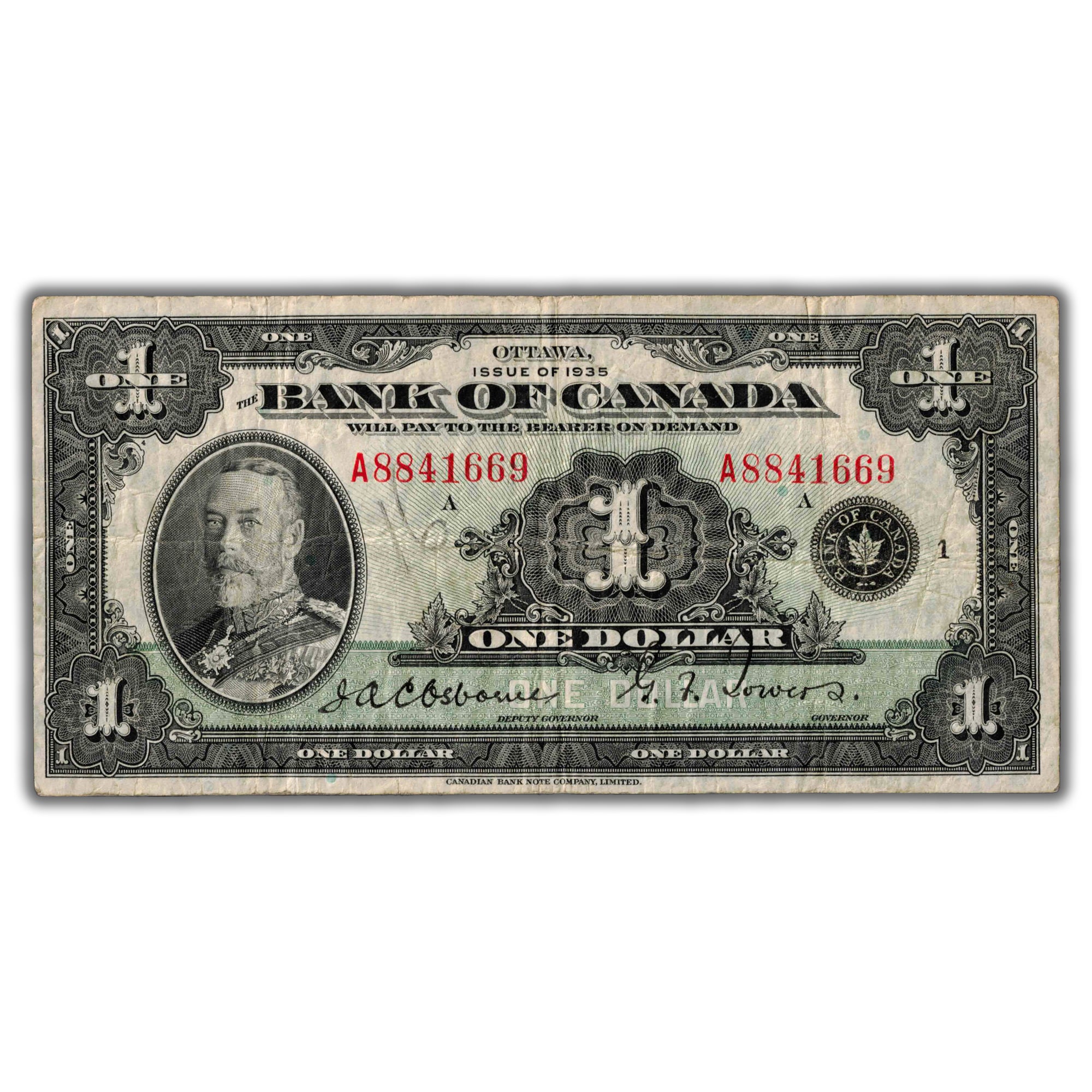 SOLD $1 1935 Bank of Canada Note English Text Series A BC-1 - Light Wr ...
