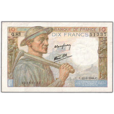 France 1944 10 Ten Francs Note P #99e - VF+