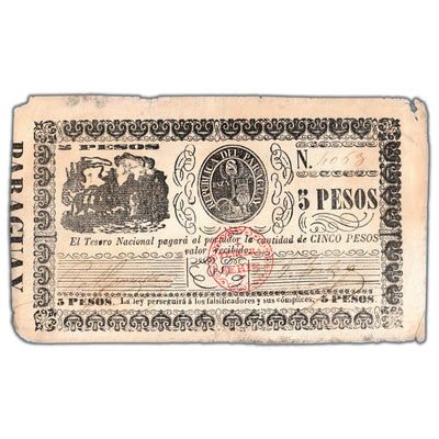 SOLD Paraguay 1868 5 Five Pesos Note - Circulated