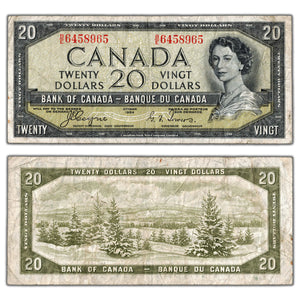 SOLD $20 1954 Bank of Canada Note Devil Face B/E Prefix BC-33a - Fine