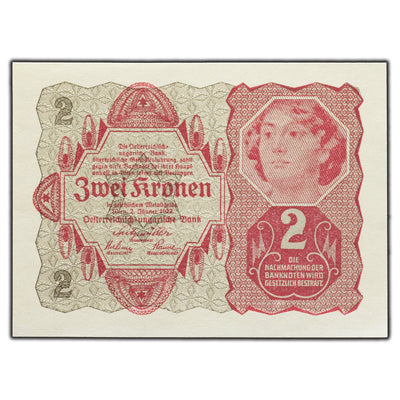 SOLD Austria 1922 2 Two Kronen Note P #74 - UNC