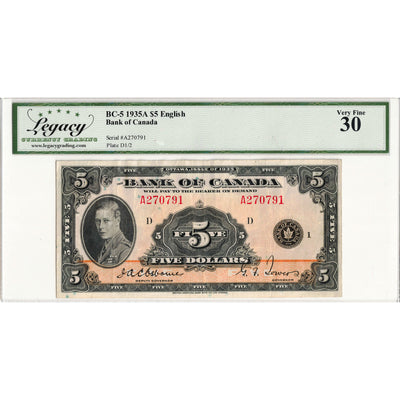 SOLD $5 1935 Bank of Canada Note English Text BC-5 - Legacy VF-30
