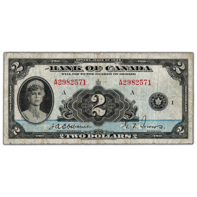 SOLD $2 1935 Bank of Canada Note English Text BC-3 - Fine