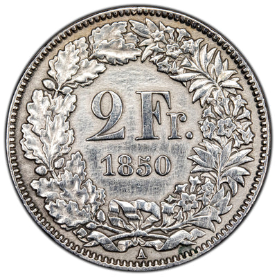 SOLD Switzerland 1850 A 2 Francs Silver Coin - Harshly Cleaned