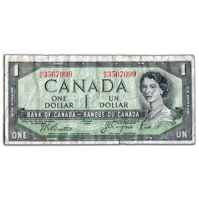 $1 1954 Bank of Canada Note Devil Face N/A Prefix BC-29b - Circulated