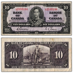 SOLD $10 1937 Bank of Canada Note Gordon-Towers L/D Prefix BC-24b - F/VF