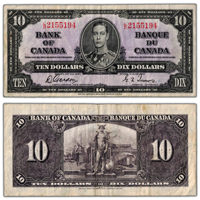 $10 1937 Bank of Canada Note Gordon-Towers L/D Prefix BC-24b - F/VF