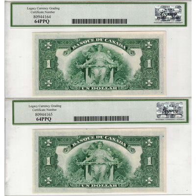 SOLD $1 1935 Banque Du Canada Notes French Text BC-2 - 2 Consecutive Legacy UNC-64 PPQ