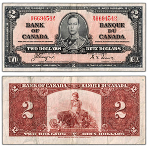 SOLD $2 1937 Bank of Canada Note Coyne-Towers B/R Prefix BC-22c - VF