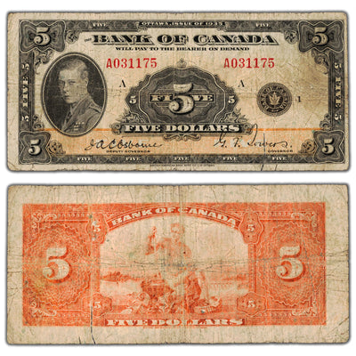 SOLD $5 1935 Bank of Canada Note English Text BC-5 - Large Tear