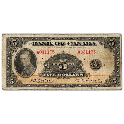SOLD $5 1935 Bank of Canada Note English Text BC-5 - Large Tear