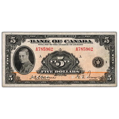 SOLD $5 1935 Bank of Canada Note English Text BC-5 - VF