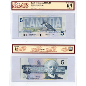 SOLD $5 1986 Bank of Canada Note Knight-Dodge GPZ Prefix BC-56e - BCS Ch UNC-64