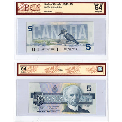 SOLD $5 1986 Bank of Canada Note Knight-Dodge GPZ Prefix BC-56e - BCS Ch UNC-64