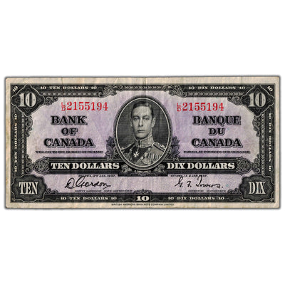 $10 1937 Bank of Canada Note Gordon-Towers L/D Prefix BC-24b - F/VF