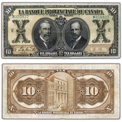SOLD $10 1928 La Banque Provinciale du Canada Chartered Note #615-14-16 - F/VF (pressed)