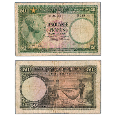 Belgian Congo 1955 50 Fifty Francs Note P #27b - Circulated