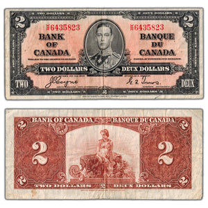SOLD $2 1937 Bank of Canada Note Coyne-Towers K/R Prefix BC-22c - Fine (pinholes)