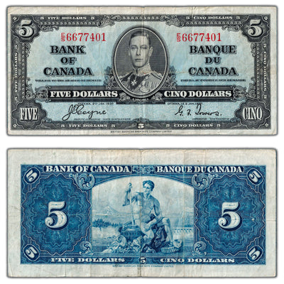 $5 1937 Bank of Canada Note Coyne-Towers E/S Prefix BC-23c - F/VF (small tear)