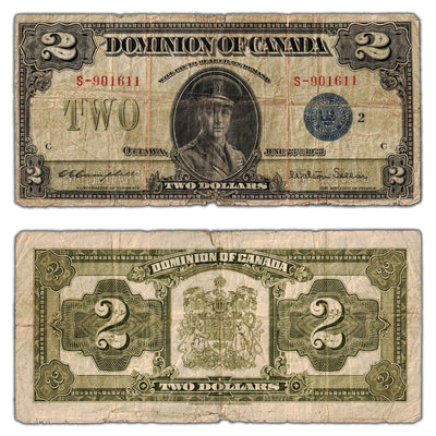 SOLD $2 1923 Dominion of Canada Note Blue Seal Series S DC-26i - Edge Tears