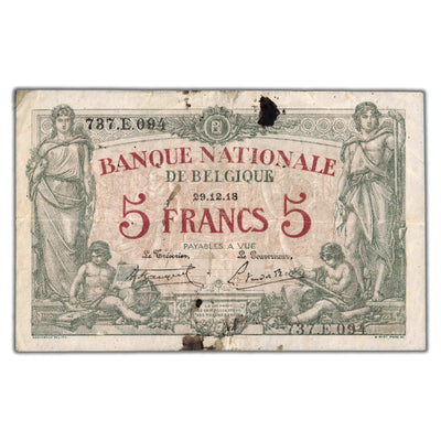 Belgium 1918 5 Five Francs Note P #75 - Stained