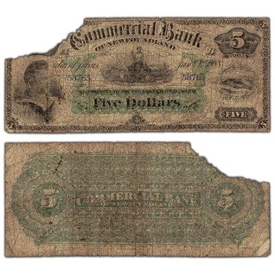 SOLD $5 1888 Commercial Bank of Newfoundland Chartered Note #185-18-06 - Missing Large Piece