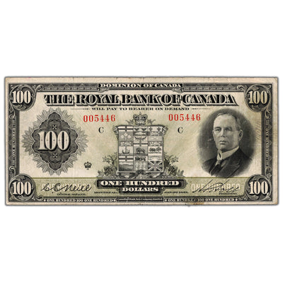 $100 1927 Royal Bank of Canada Chartered Note #630-14-18 - VF (minor tears)
