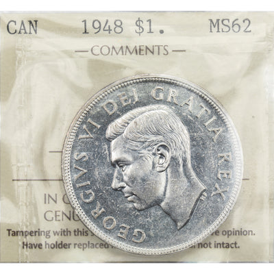 SOLD Canada 1948 $1 Silver Dollar Coin - Key Issue - ICCS MS-62