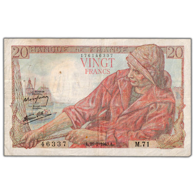 France 1943 20 Francs Note P #100a - Pinholes