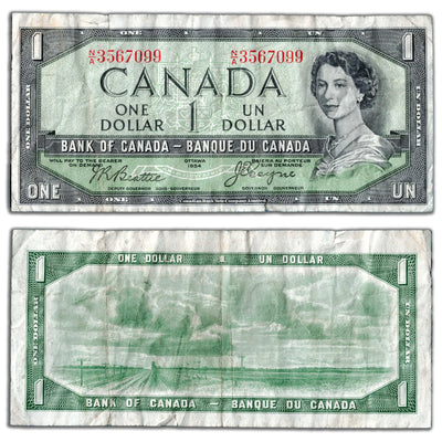 $1 1954 Bank of Canada Note Devil Face N/A Prefix BC-29b - Circulated