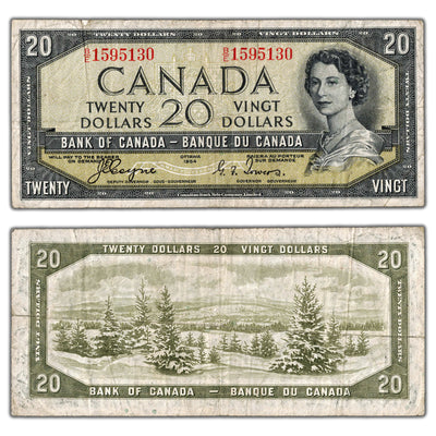 $20 1954 Bank of Canada Note Devil Face B/E Prefix BC-33a - F/VF