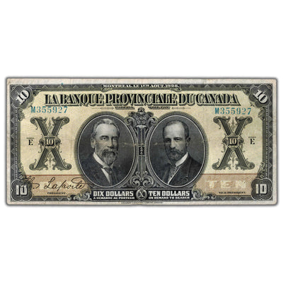 SOLD $10 1928 La Banque Provinciale du Canada Chartered Note #615-14-16 - F/VF (pressed)