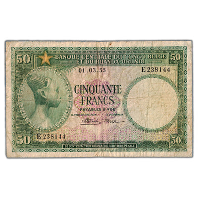 Belgian Congo 1955 50 Fifty Francs Note P #27b - Circulated