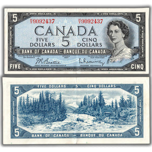 SOLD $5 1954 Bank of Canada Note Beattie-Rasminsky H/X Prefix BC-39b - EF