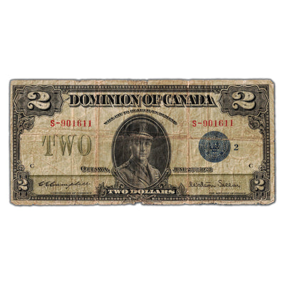 SOLD $2 1923 Dominion of Canada Note Blue Seal Series S DC-26i - Edge Tears