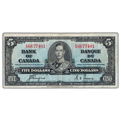 $5 1937 Bank of Canada Note Coyne-Towers E/S Prefix BC-23c - F/VF (small tear)