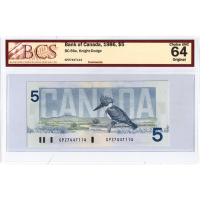 SOLD $5 1986 Bank of Canada Note Knight-Dodge GPZ Prefix BC-56e - BCS Ch UNC-64