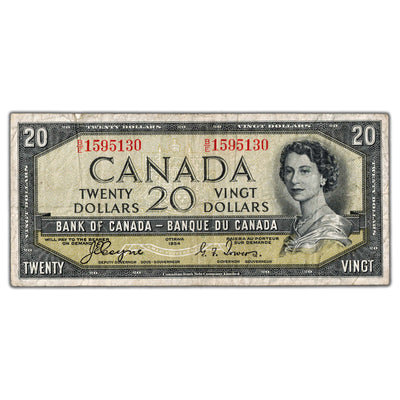 $20 1954 Bank of Canada Note Devil Face B/E Prefix BC-33a - F/VF