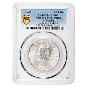 Lithuania 1938 10 Litu Silver Coin KM #84 - PCGS UNC Detail Cleaned