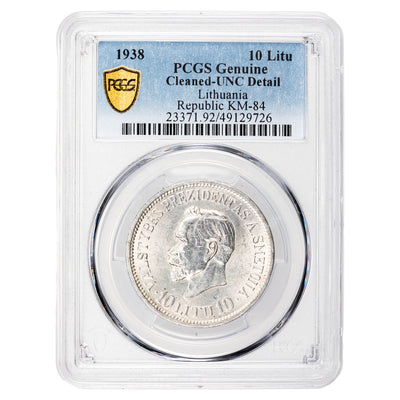 Lithuania 1938 10 Litu Silver Coin KM #84 - PCGS UNC Detail Cleaned