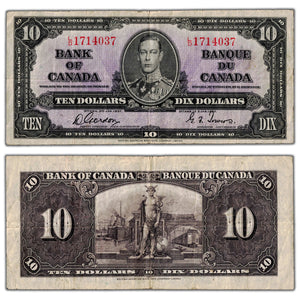 SOLD $10 1937 Bank of Canada Note Gordon-Towers L/D Prefix BC-24b - F/VF