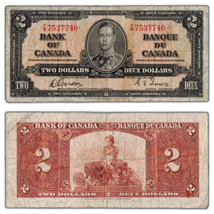 SOLD $2 1937 Bank of Canada Note Gordon-Tower T/B Prefix BC-22b - VG/F