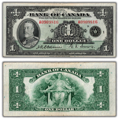 SOLD $1 1935 Bank of Canada Note English Text Series A BC-1 - VF (worn edges)