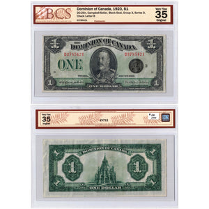 SOLD $1 1923 Dominion of Canada Note Campbell-Sellar Black Seal DC-25n - BCS VF-35