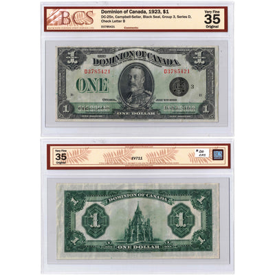 SOLD $1 1923 Dominion of Canada Note Campbell-Sellar Black Seal DC-25n - BCS VF-35