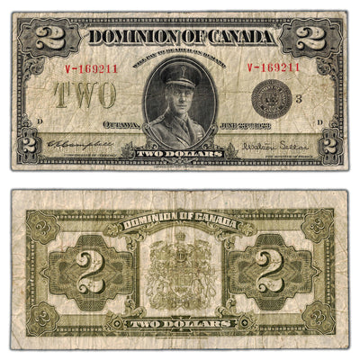 SOLD $2 1923 Dominion of Canada Note Black Seal Series V DC-26j - VG/F
