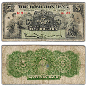 SOLD $5 1925 The Dominion Bank Canada Chartered Note #220-16-14